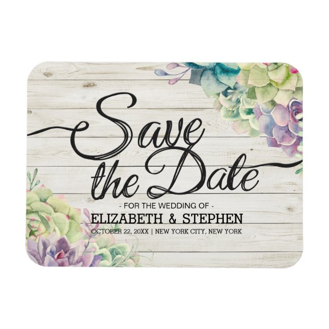 Wedding Save The Date Succulent Plants Rustic Wood Magnet (Horizontal)