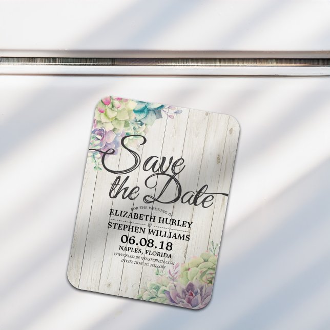 Wedding Save The Date Succulent Plants Rustic Wood Magnet (Creator Uploaded)