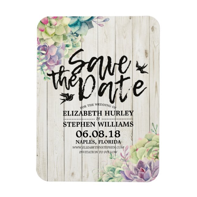 Wedding Save The Date Succulent Plants Rustic Wood Magnet (Vertical)