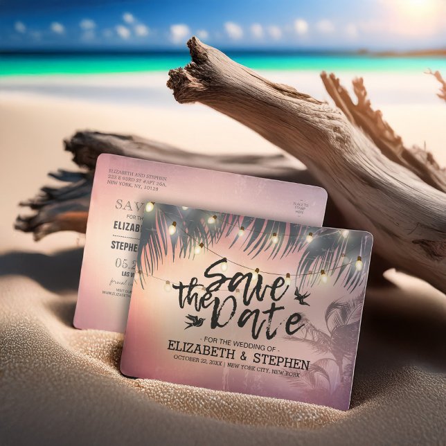 Wedding Save The Date Summer Beach Palm Tree Light Announcement Postcard (Creator Uploaded)
