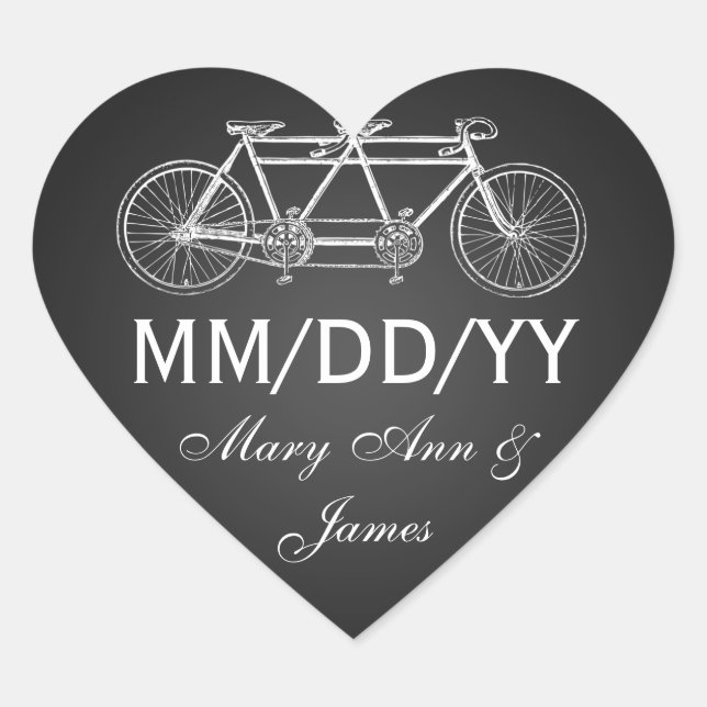Wedding Save The Date Tandem Bike Black Heart Sticker (Front)