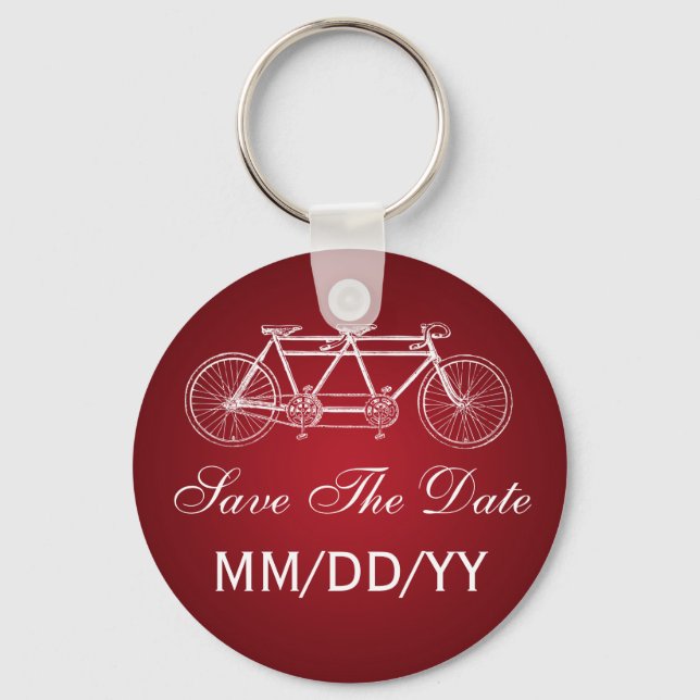 Wedding Save The Date Tandem Bike Red Key Ring (Front)