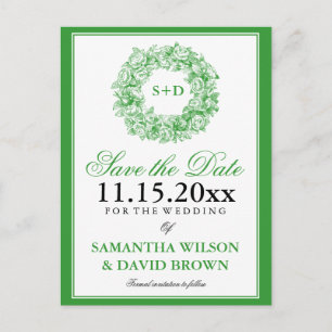Wedding Save The Date Vintage Floral Monogram Gree Announcement Postcard