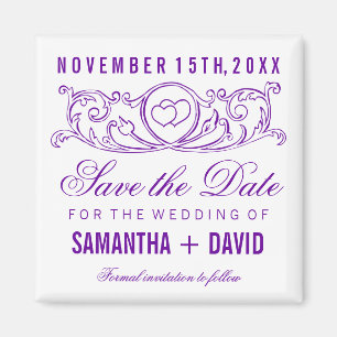 Wedding Save The Date Vintage Heart Swirls Purple Magnet