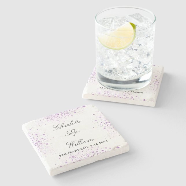 Wedding save the date violet glitter names stone coaster (Side)