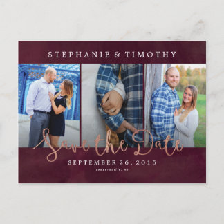 Wedding Save the Date - Wine Red & Rose Gold Announcement Postcard