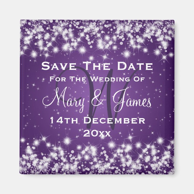Wedding Save The Date Winter Sparkle Purple Magnet (Front)