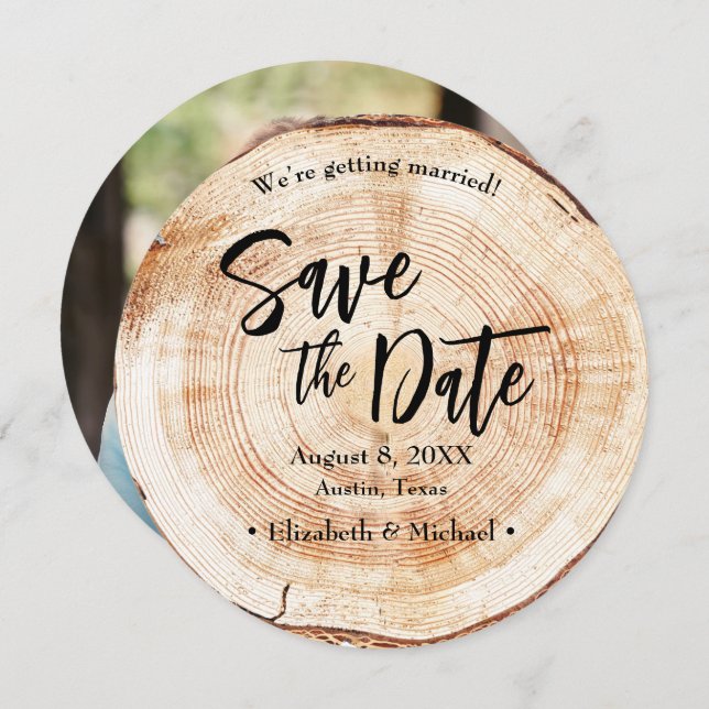 Wedding save the date wood disc slice tree Photo Invitation (Front/Back)