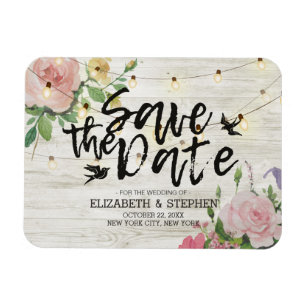 Wedding Save The Date Wood Flowers String Lights Magnet
