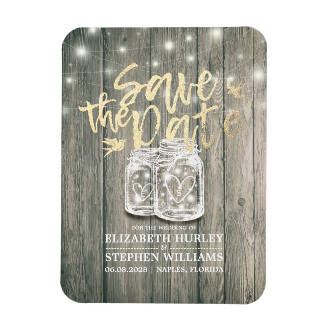 Wedding Save The Date Wood Mason Jar String Lights Magnet (Vertical)