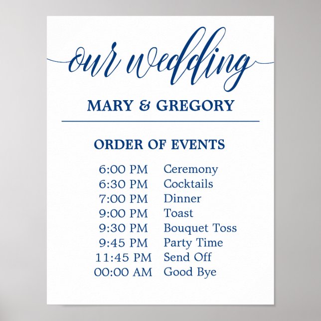 Wedding Schedule Sign in Navy Blue Calligraphy (Front)