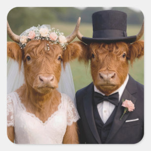 Wedding Scottish Highland Cows Square Sticker