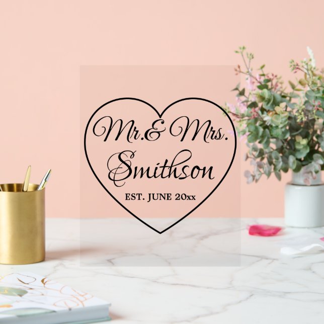 Wedding Script heart Custom surname Mr. Mrs. year Acrylic Sign (Wedding)