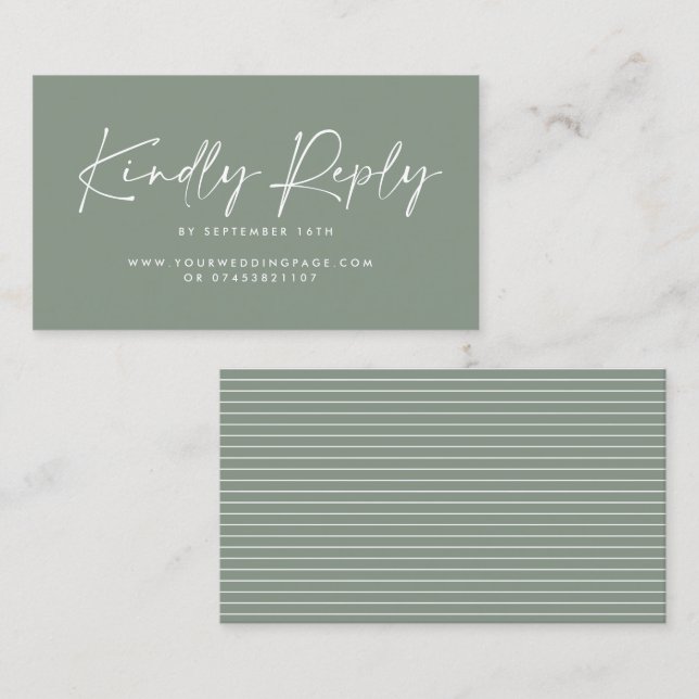 Wedding script modern sage green elegant reply business card (Front/Back)