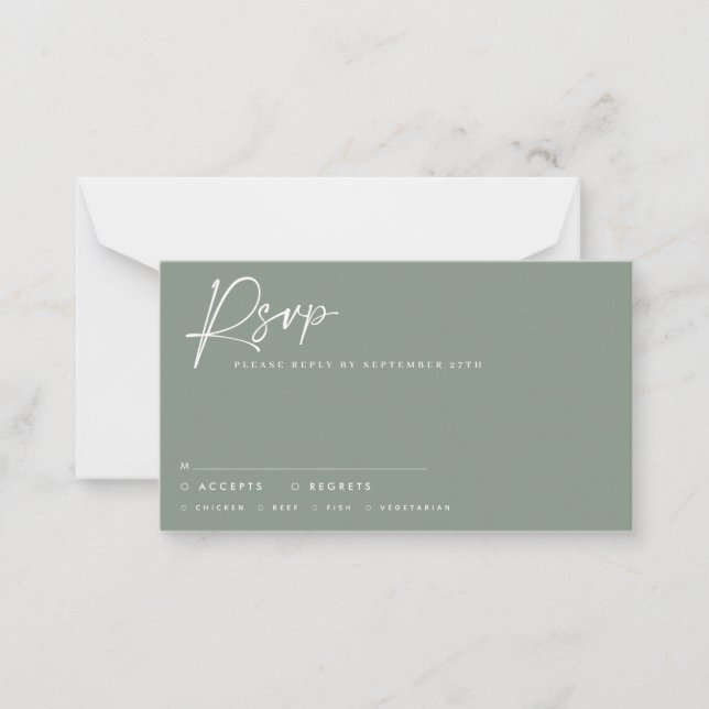 Wedding script modern sage green script rsvp reply card (Front)