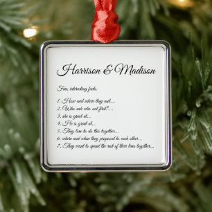 Wedding Script names Couple Fun Facts Custom Photo Metal Ornament