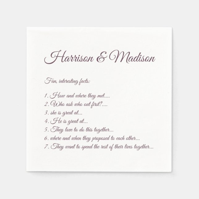 Wedding Script names Couple Fun Facts eggplant Napkin (Front)