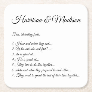 Wedding Script names Couple Fun Facts elegant Square Paper Coaster
