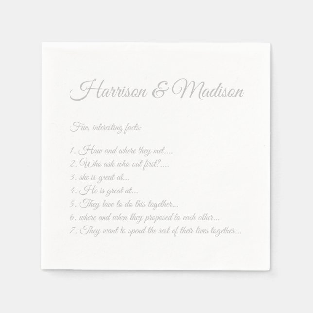 Wedding Script names Couple Fun Facts grey Napkin (Front)