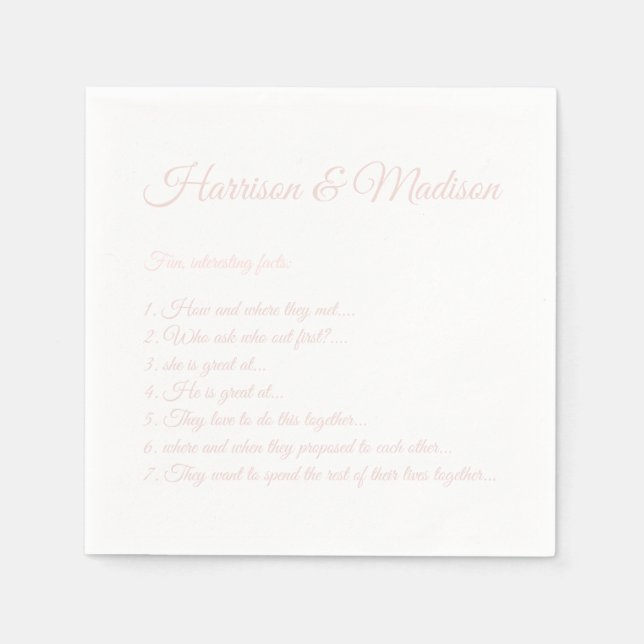 Wedding Script names Couple Fun Facts light pink Napkin (Front)