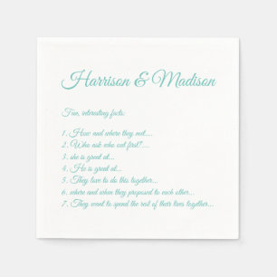 Wedding Script names Couple Fun Facts light teal Napkin