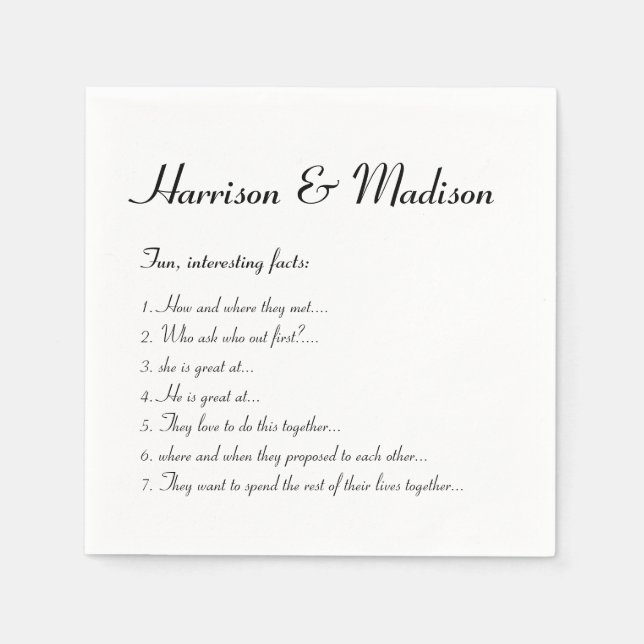 Wedding Script names Couple Fun Facts paper Napkin (Front)