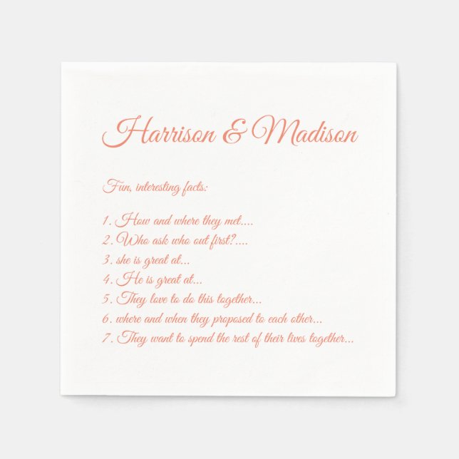 Wedding Script names Couple Fun Facts salmon Napkin (Front)