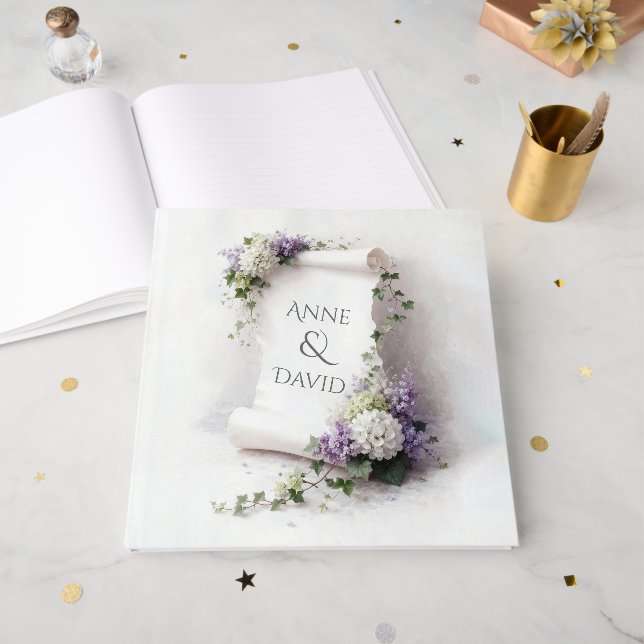Wedding Scroll with Lilacs and Hydrangeas Guest Book (Front Open)