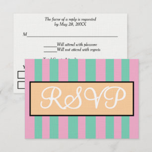 Wedding Seafoam Pink Green Cabana Stripes RSVP Card