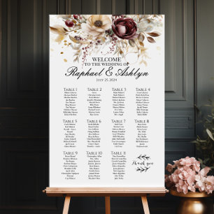 Wedding seating chart 11 tables, burgundy peonies