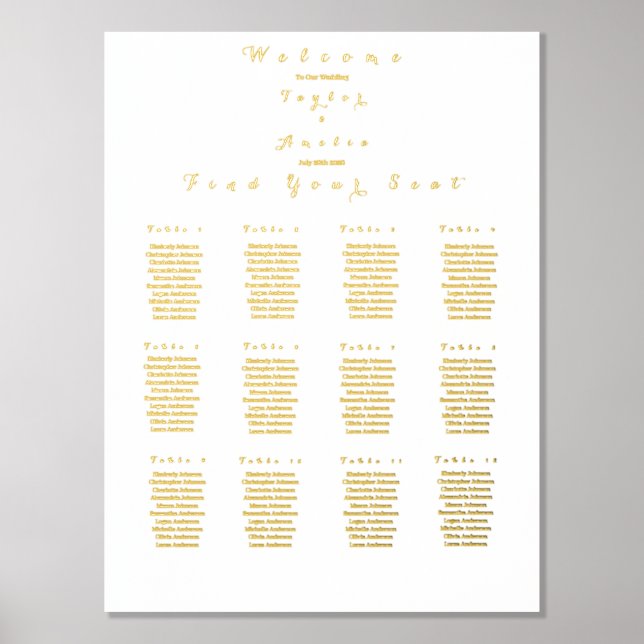 Wedding Seating Chart 12 Tables Real Gold Foil (Front)