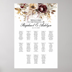 Wedding seating chart 13 tables, burgundy peonies