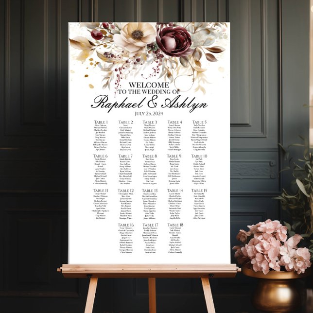 Wedding seating chart 18 tables, burgundy peonies (Creator Uploaded)