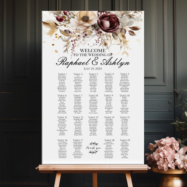 Wedding seating chart 19 tables, burgundy peonies (Creator Uploaded)
