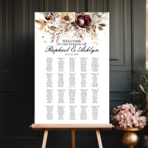 Wedding seating chart 20 tables, burgundy peonies