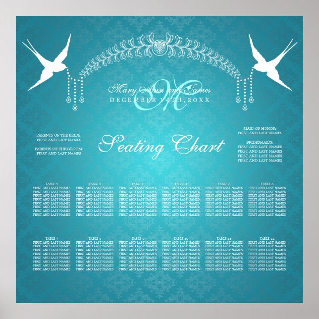 Wedding Seating Chart Birds Monogram Turquoise (Front)