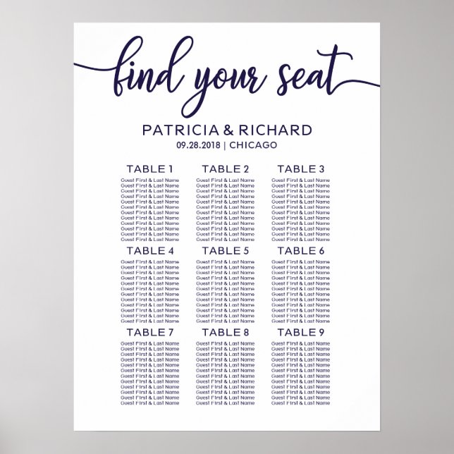 Wedding Seating Chart Board Chic Navy Blue (Front)