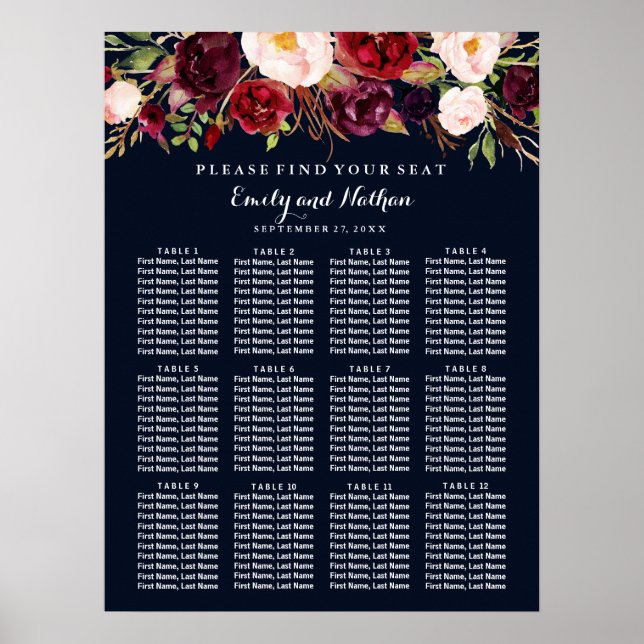 Wedding Seating Chart Burgundy Navy Floral (Front)