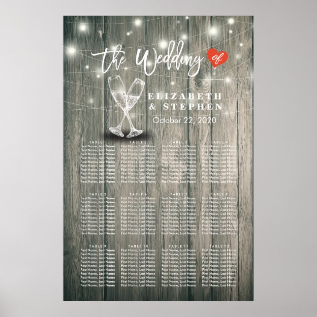 Wedding Seating Chart Champagne Glasses Wood Light (Front)