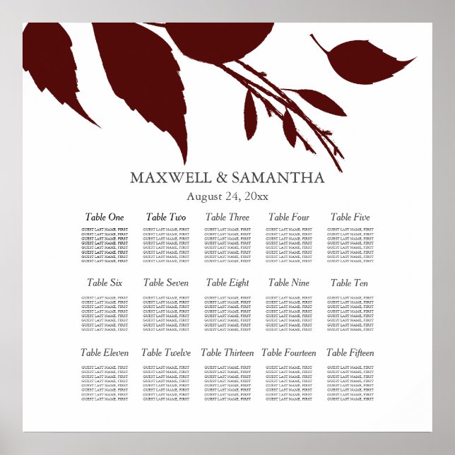 Wedding SEATING CHART Elegant Burgundy Leaves (Front)