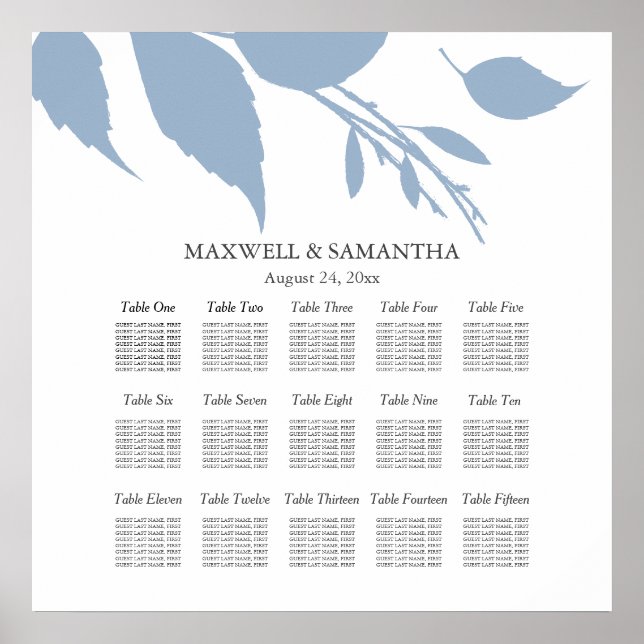 Wedding SEATING CHART Elegant Dusty Blue Leaves (Front)