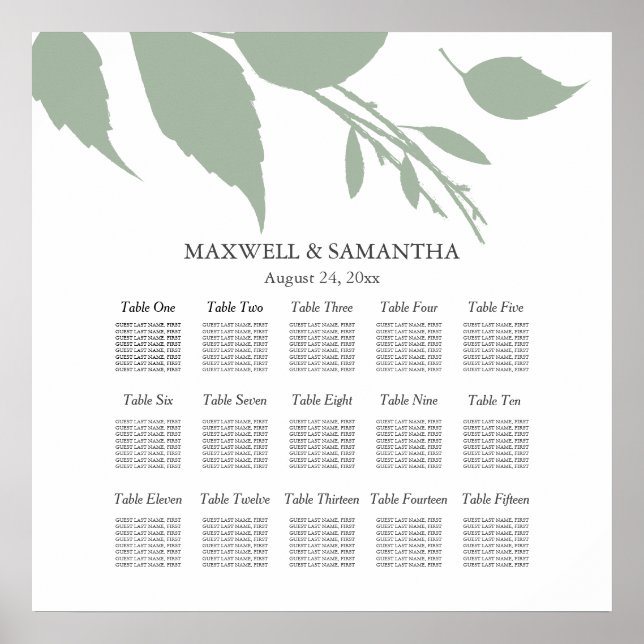 Wedding SEATING CHART Elegant Sage Green Leaves (Front)