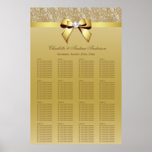 Wedding Seating Chart Gold Sequins Bow (Front)