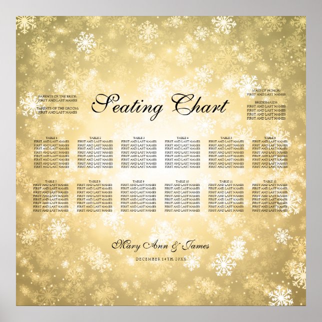 Wedding Seating Chart Gold Winter Wonderland (Front)