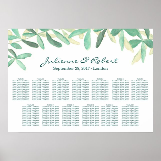 Wedding Seating Chart Greenery Landscape 13 Tables (Front)