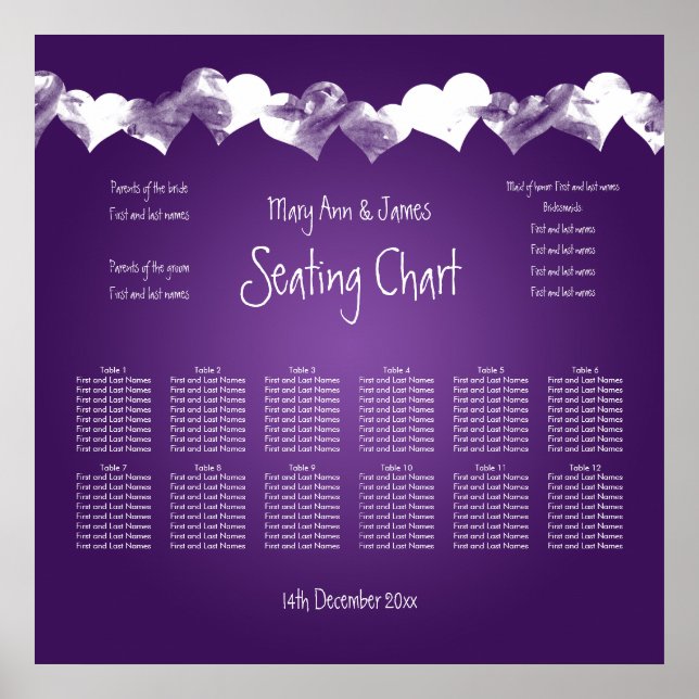 Wedding Seating Chart Grunge Hearts Purple (Front)