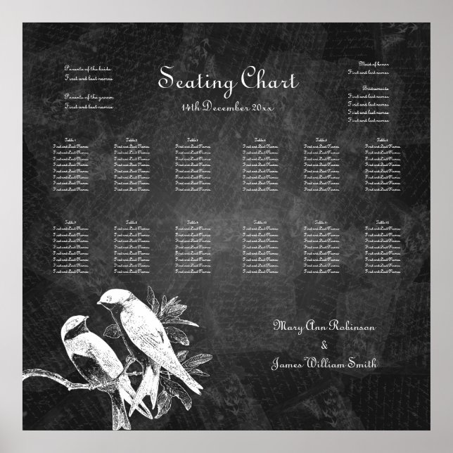Wedding Seating Chart Love Birds Black (Front)