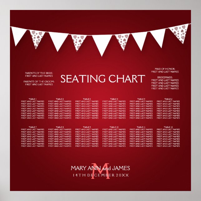 Wedding Seating Chart  Love Bunting Monogram Red (Front)