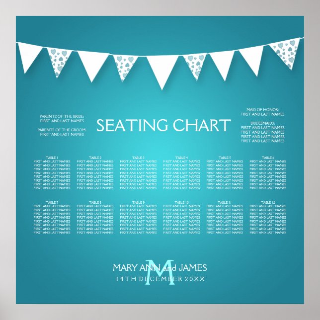 Wedding Seating Chart  Love Bunting Turquoise (Front)