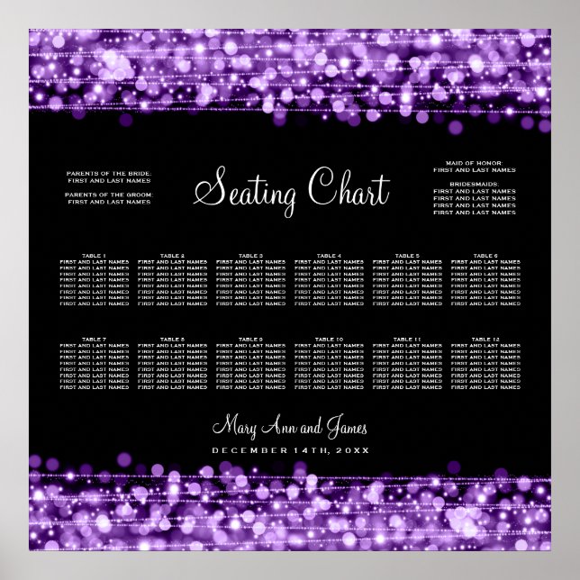 Wedding Seating Chart Party Sparkles Purple (Front)